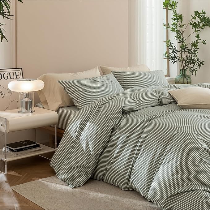 JIYUAN 100% Washed Cotton Striped Duvet Cover Set 3 Pieces Queen, 1 Duvet Cover and 2 Pillowcases(Comforter Not Included),Linen Like Bedding Set Comfy and Breathable,Pinstripes-Heathered Green White