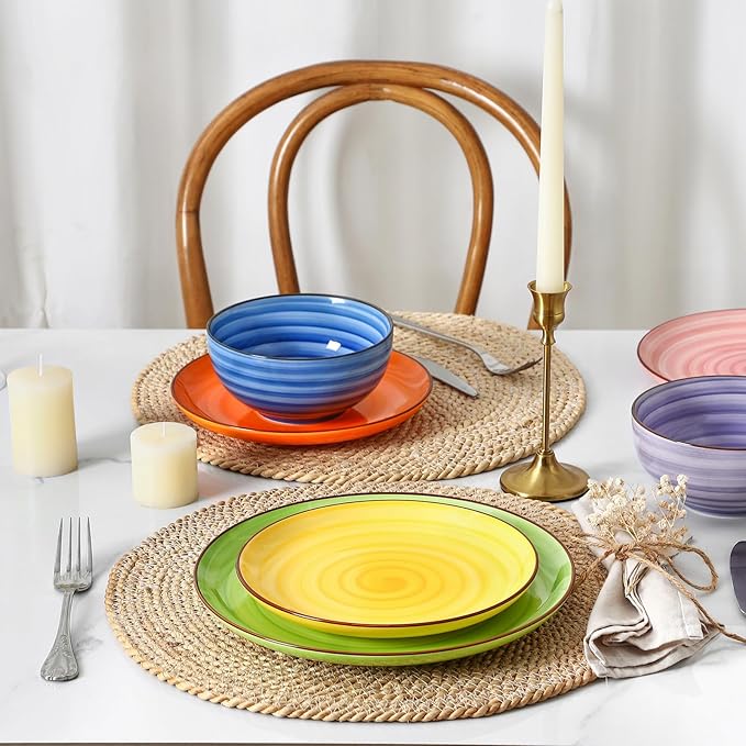Selamica Ceramic Plates and Bowls Sets,24 Pieces Dinnerware Sets for 8,Scratch Resistant Dish Set for holiday gathering,Dishwasher & Microwave Safe, Dopamine colors