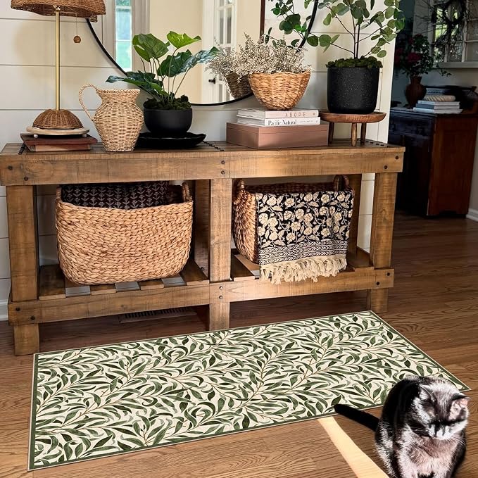 Front Door Mat Indoor Entrance - 2x4.3 Ft Boho Washable Layered Doormat Outdoor Entrance Porch Rug Non-Slip Spring Sage Green Leaf Runner Rug for Kitchen Bedroom Laundry Room Porch Decor