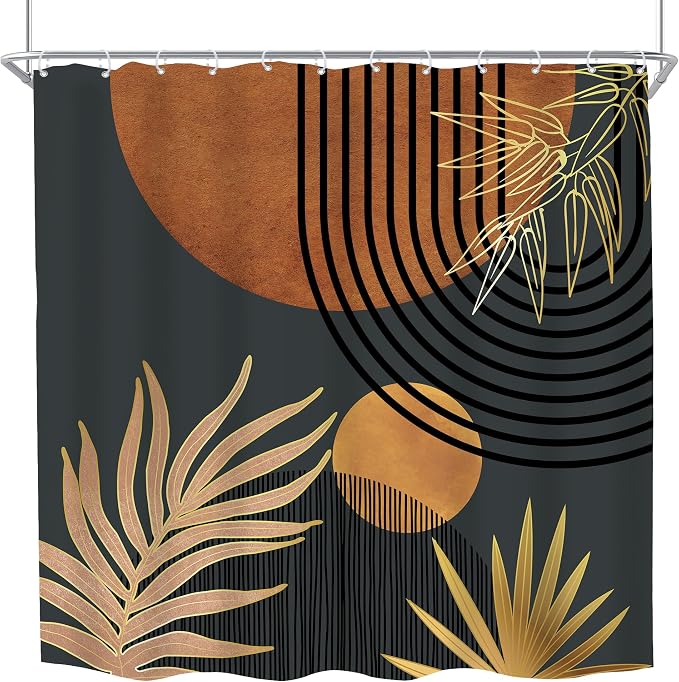 KOMLLEX Mid Century Brown Black Boho Shower Curtain 72Wx72L Inches Abstract Modern Shower Curtain for Bathroom Decor Plant Botanical Minimalist Arch Sun Fabric Liner Waterproof Polyester 12 Pack Hooks