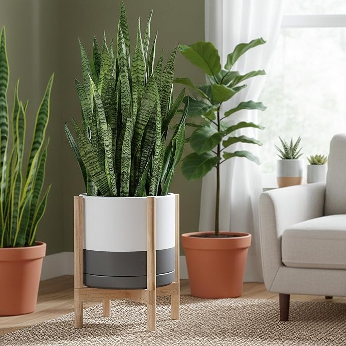 D'vine Dev Ceramic Planter with Natural Stand - 14 Inch Modern Round Flower Pot with Wood Planter Holder, White/Grey, 55-B-R-6