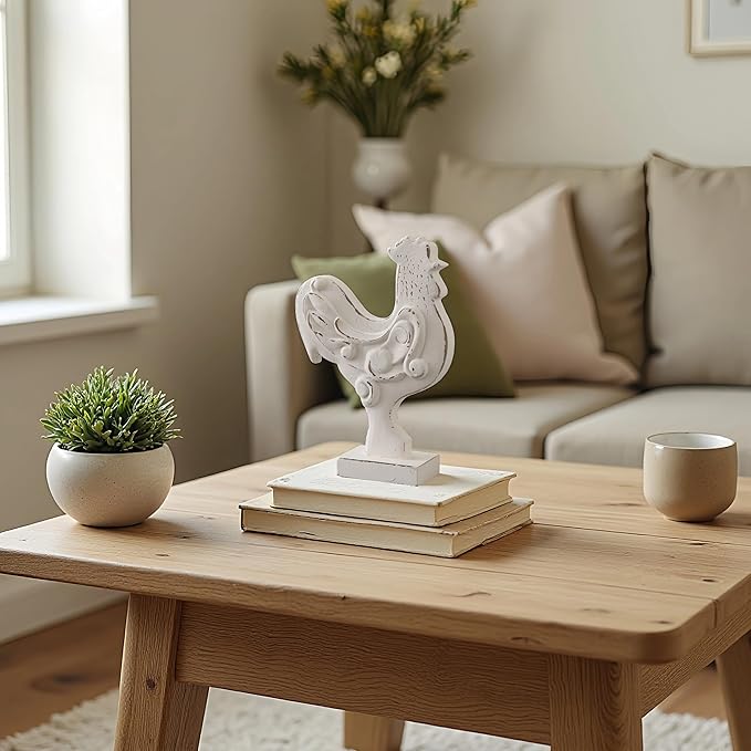 Rustic Small Chicken Statue Kitchen Decor 6 X 8 Inch, Handmade Distressed White Rooster Decor for Tabletop, Wooden Chicken Themed Gifts for Christmas Kitchen Mantel Dining Room Living Room