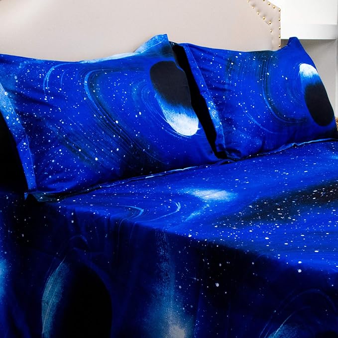 Bedlifes Galaxy Outer Space Sheet Set, Galaxy Themed, 3 pcs Including Flat Sheet, Fitted Sheet, and 1 Pillowcase (Light Blue Full)