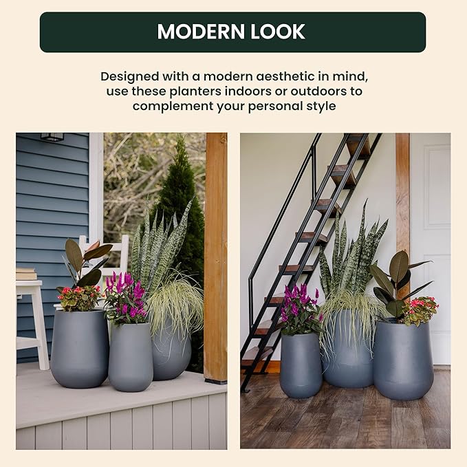 Beuta Large Planters for Outdoor Plants - Set of 3, 15.5/18/20.5 Inches Outdoor Planters for Porch - Tall Planter for Outdoor & Indoor Plants | Large Indoor Plant Pot - USA Made - Grey