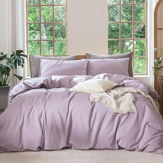 MooMee Bedding Duvet Cover Set 100% Washed Cotton Linen Like Textured Breathable Durable Soft Comfy (Heathered Light Purple, King 104"x90")