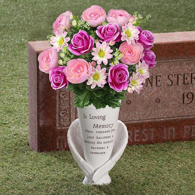 Hollyone Set of 2 Artificial Cemetery Flowers for Grave Memorial Flowers for Cemetery Outdoor Grave Decorations Silk Flower Arrangements Purple Rose Pink Ranunculus Gerbera Floral Flowers Bouquets