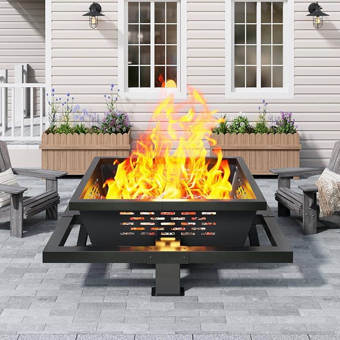 Auhilence 47" Large Fire Pit, Square Outdoor Fire Pit with Poker, Wood Burning FirePit for Camping, Backyard, Patio
