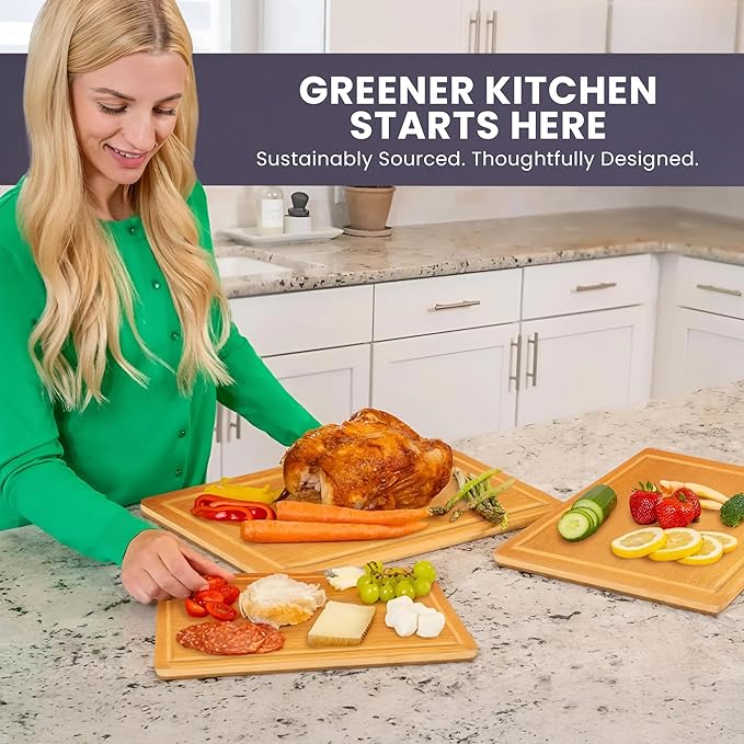 Glue-Free Surface™ Extra Large Bamboo Cutting Board Set – For Chopping Vegetables, Carving Meat, Slicing Bread, and Serving Cheese & Charcuterie for Safer Family Meal Prep – For Health Conscious Chefs
