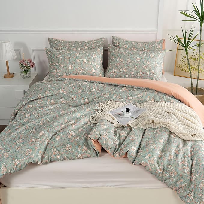 Floral Queen Comforter Set 3 Pieces Soft Chic Garden Style Vintage Floral Print Lightweight Botanical Flower Comforter Set for All Seasons 1 Comforter and 2 Pillowcases (Queen)