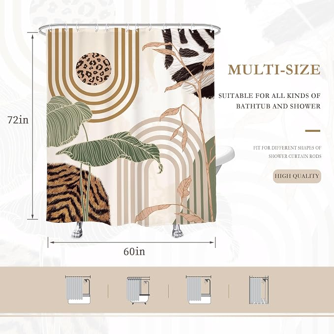 Glawry Green Abstract Shower Curtain Boho Tropical Leaves Palm Leaf Mid Century Minimalist Modern Bathroom Leopard Print Fur 60Wx72L Inches Bath Accessories Art Home Decor Fabric 12 Pack Hook