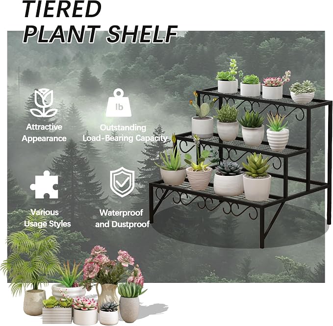3 Tier Metal Plant Stand Outdoor Indoor, Heavy Duty Flower Pot Holder Display Shelf,Multifunctional storage rack for Patio Garden Livingroom Bedroom,Black