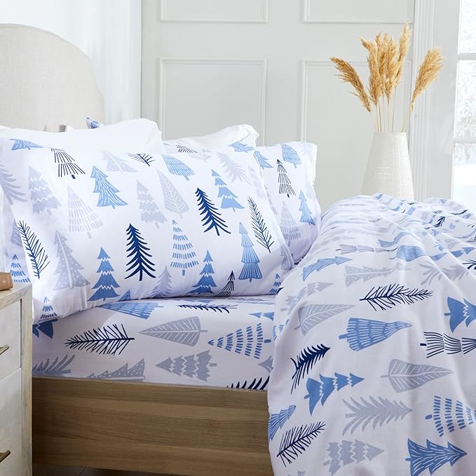 Market & Place 100% Turkish Cotton Flannel Sheet Set | 4 Piece Deep Pocket Novelty Cozy Winter Bed Sheets | Double Brushed for Extra Softness & Comfort | Alpine Collection (Queen, Blue Forest)