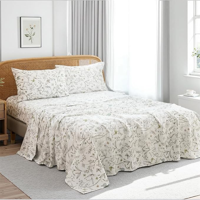 100% Cotton Sheet Set King Size – 4-Piece Chic White Floral Bedding Set, Soft Breathable Percale Weave, Deep Pocket Fitted Sheet 17.5", Crisp Cool Feel, Refined Botanical Elegance