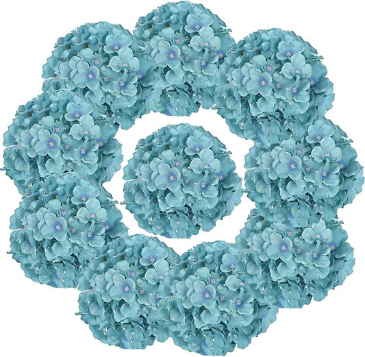 10PCS Artificial Hydrangea Flowers, Fake Hydrangea Silk Flowers Heads with Stems for Wedding Home Party Shop Baby Shower Decoration-Lake Blue