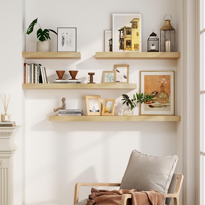 Solid Wood Floating Shelves For Wall, 55”W x 9”D x 1.56”H Large Wall Shelves for Living Room Bedroom Bathroom Kitchen Drcor Storage with Invisible Heavy-Duty Metal Bracket, Natural, Set of 1