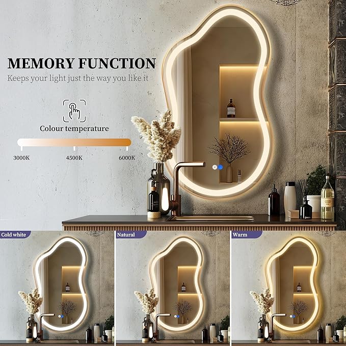 Irregular LED Bathroom Mirror with Lights, Cloud Smart Backlit Mirror, Dimmable Lighted Bathroom Gold Mirror with Anti-Fog, Asymmetrical Vanity Mirror Hangable 2 Ways (Gold, 24 x 36, 1 Pack)