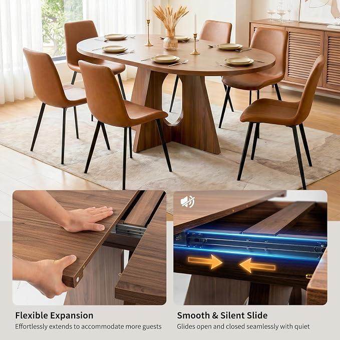 HIPIHOM Modern Round Expandable Dining Table Set for 6, 43.3"-59" Walnut Kitchen Table with 6 PU Leather Chairs, 7-Piece Mid-Century Dining Room Set