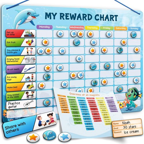 LIKARTO Magnetic Reward Chart for Kids - 280 Magnets for Behavior & Chores | Visual Schedule - Blue, Ages 3-9