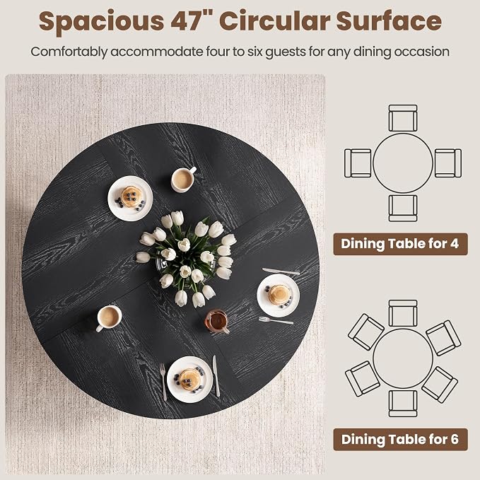 47" Round Dining Table for 4-6, Space-Saving Dining Room Table with Thick Tabletop and Sculptural Base, Wood Grain Dinner Table with Storage Shelf for Kitchen, Dining Room, Living Room, Black