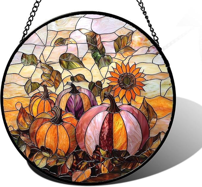 Stained Glass Window Hanging, Pumpkin Sunflower Suncatcher Diamond Glass Panel Sun Catchers Decor for Birthday for Women, Men, Wife, Aunt, and Mom 14.9x14.9 in