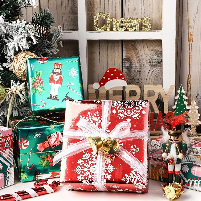 LeZakaa Christmas Wrapping Paper Mini Roll, Nutcracker Snowflake Gingerbread House Design Metallic Foil Holiday Gift Wrap, Arts Craft, for Xmas Winter Party, 17 x 120 inches, 3 Rolls