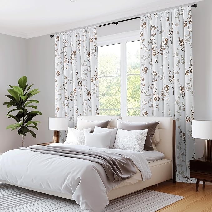 Beauoop Floral 100% Blackout Curtains 84 Inches Long 2 Panels for Bedroom Living Room Tan Brown and White Flower Patterned Room Darkening Thermal Soundproof Rod Pocket Back Tab Window Drapes, 52X84
