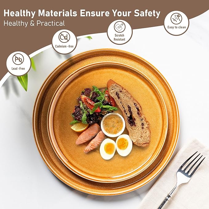 GBHOME Ceramic Dinnerware Sets for 6, 18 Pieces Stoneware Plates and Bowls Sets, Scratch Resistant Dishes, Dishwasher & Microwave Safe, Reactive Glaze-Amber