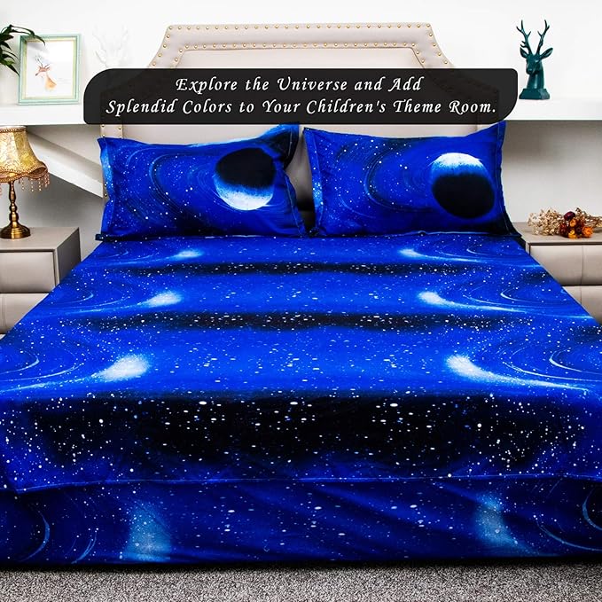 Bedlifes Galaxy Outer Space Sheet Set, Galaxy Themed, 3 pcs Including Flat Sheet, Fitted Sheet, and 1 Pillowcase (Light Blue Full)