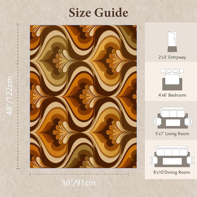 Retro 70s Area Rug 3x4, Mid Century Floral Geometric Rug, Burnt Orange Brown Vintage Carpet for Living Room Bedroom, Non-Slip Washable Area Rug