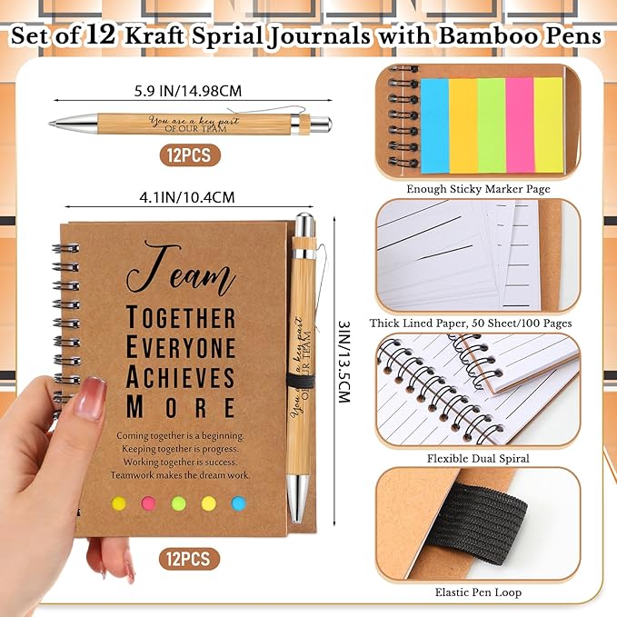 Jetec Inspirational Notebooks Bulk Spiral Notebook with Sticky Notepad Motivational Pens Valentines Day Gifts for for Employee Coworker Nurse Staff Teacher Nurse Volunteer(12 Sets,Team)