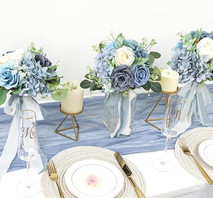 Set of 6 Bridesmaid Bouquets for Wedding - Artificial Bouquets for Bridesmaids Flowers Silk Floral Ceremony Anniversary Centerpieces Decorations - Dusty Blue and White，7 Inch
