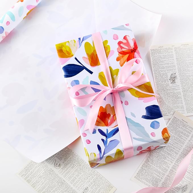 Miss DuiDui Foral Gift Wrapping Paper Rolls, 17 inch x 32.8 feet, Multi-Color - Watercolor Flower Design for Birthday, Bridal Shower, Mother's Day, Birthday, Wedding, Party, Holiday