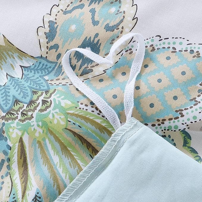 mixinni Boho-Chic King Size Duvet Cover Paisley Light Blue and Light Green Long Staple Cotton Bedding Set 1 Duvet Cover 2 Pillowcases for Him and Her, Easy Care, Soft and Durable- (3pcs, King Size)