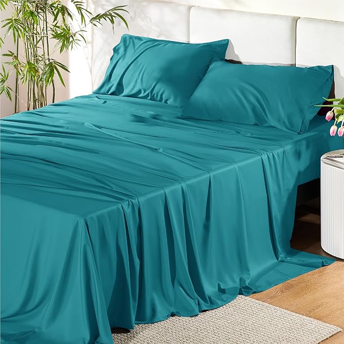 Bedsure King Size Sheets Set, Cooling Sheets for Hot Sleepers, Rayon Derived from Bamboo, Breathable & Soft, Deep Pocket Up to 16 Inches, Hotel Luxury Silky Bedding, Turquoise