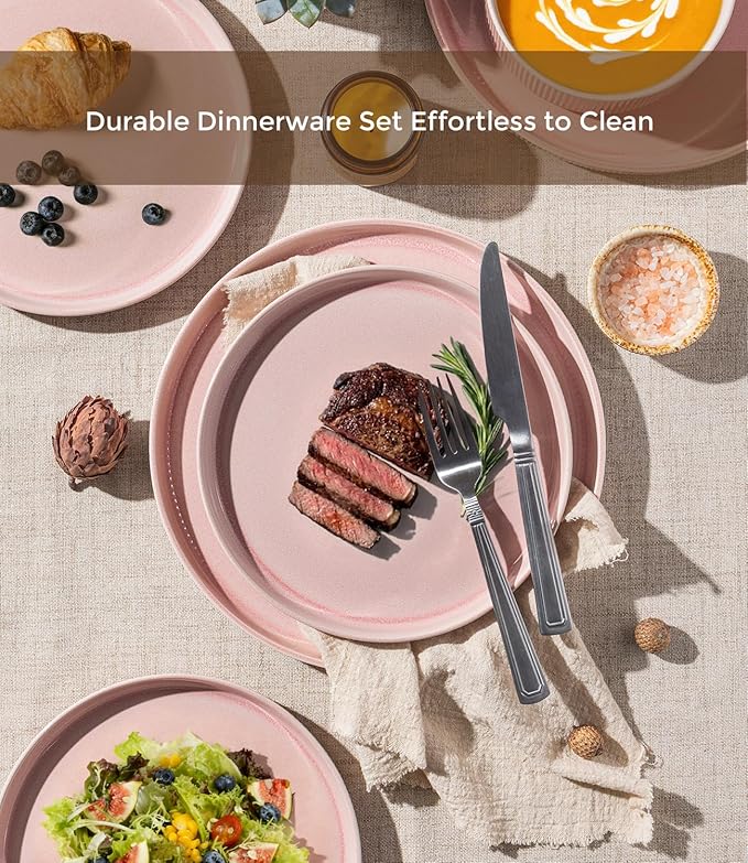 GBHOME 12-Piece Stoneware Dinnerware Set for 4 – Ribbed Ceramic Plates and Bowls, Scratch-Resistant, Microwave & Dishwasher Safe, Reactive Glaze, Blush Veil