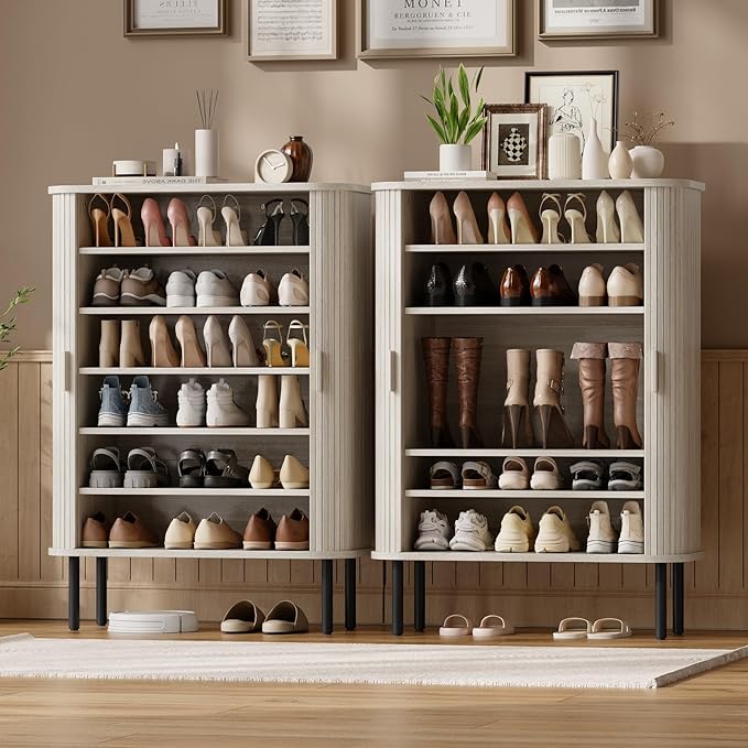 ONBRILL 6-Tier Shoe Cabinet with Sliding Door, Wooden Shoe Storage Cabinet with Adjustable Shelves, Mid-Century Modern Freestanding Shoe Storage Organizer for Entryway, Living Room, Hallway