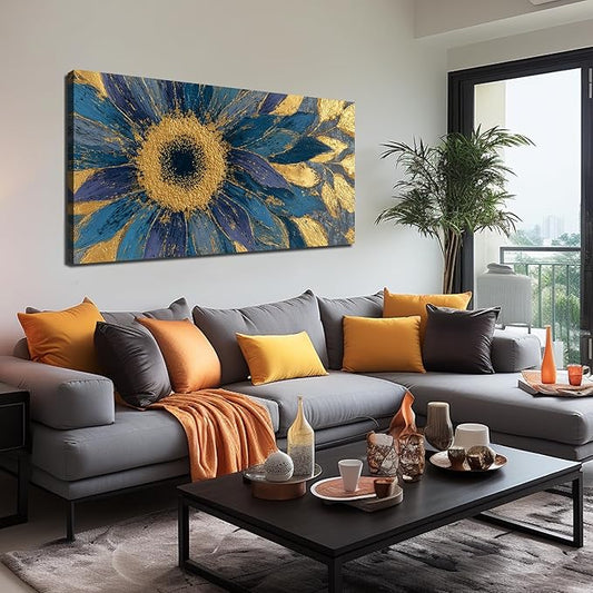 JuhaiArt Gold Wall Decor Blue Floral Wall Picture Canvas Sunflower Abstract Flower Wall Art for Living Room Bedroom Home Office 24" x 48"