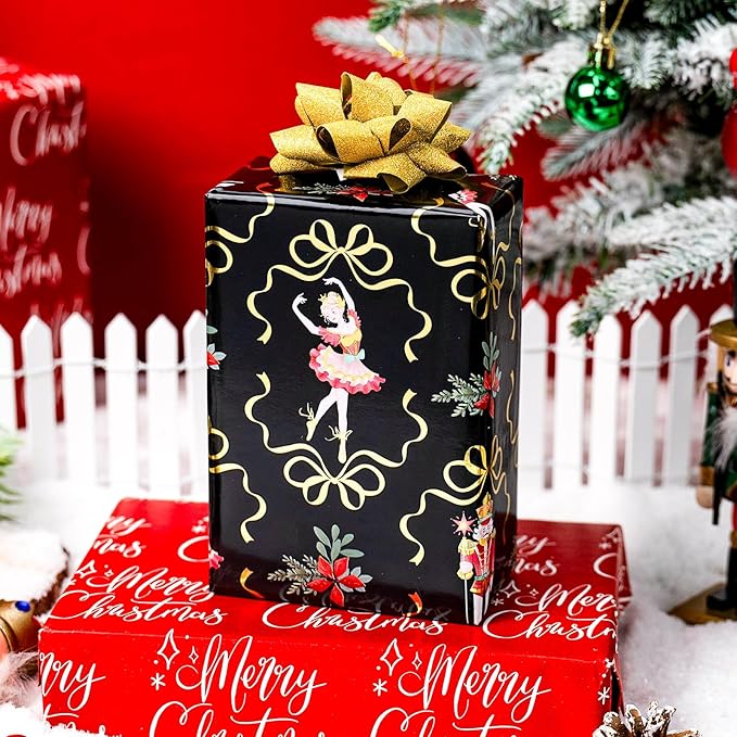 MAYPLUSS Christmas Nutcracker Wrapping Paper - 17 Inch X 33 Feet - Metallic Christmas Gift Wrapping Paper Flower Cute Bow Ballet Reversible Red for Holiday Party New Year Kids