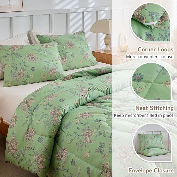 VM VOUGEMARKET Garden Flower Comforter Set King Green Floral Bedding Comfortet Set Soft Microfiber Bedding Set 1 Comforter and 2 Pillowcases Chic Botanical Comforter Set for Girls Women