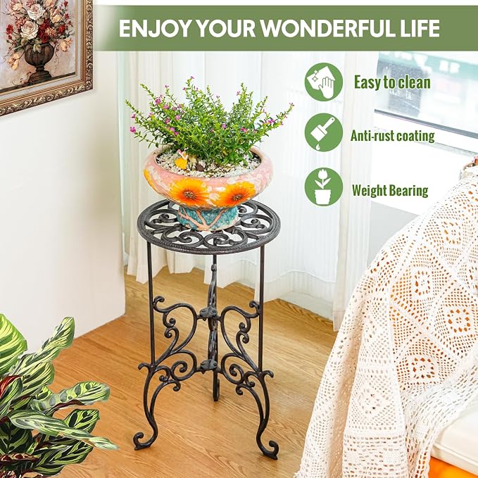 Sungmor Heavy Duty Cast Iron Potted Plant Stand,19.3-Inch 1 Tier Metal Planter Rack,Decorative Flower Pot Holder,Vintage & Rustic Style Indoor Outdoor Garden Pots Container Supports