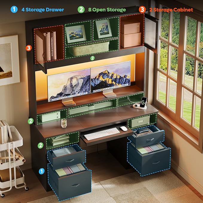 Bestier 77.8" H Executive Desk with Hutch, Modern Wood Computer Desk with Drawers, Charging Station, LED Light, Fluted Storage Cabinet, Keyboard Tray, 59" W Office Desk for Home Office, Black