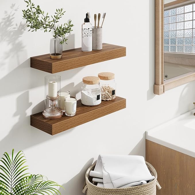 Fun Memories Floating Shelves Bathroom for Wall Mounted Shelves, 20 Inch Wood Shelf Set of 2, Home Storage & Display Decor, Walnut