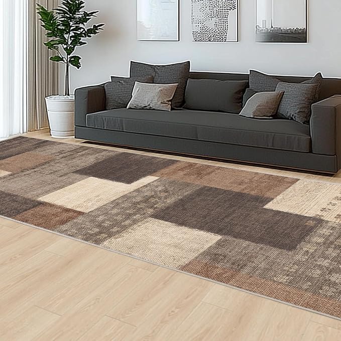 Modern Geometric Patchwork Indoor Runner Rug for Living Room, Beige 2.7'x 10' Large Rug Rockwood Collection Hardwood Floors Decor for Bedroom, Beige Throw Carpet for Office Entryway Dining Room