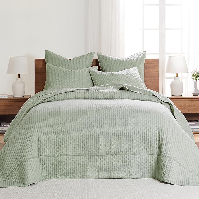 Levtex Home Cross Stitch Reversible Queen Bedspread Set (104x106in) with 2 Pillow Shams (26x20in) - Stitch Texture - Desert Sage - Cotton Queen Size Bedspread Set - Lightweight, Soft, Pre-Washed