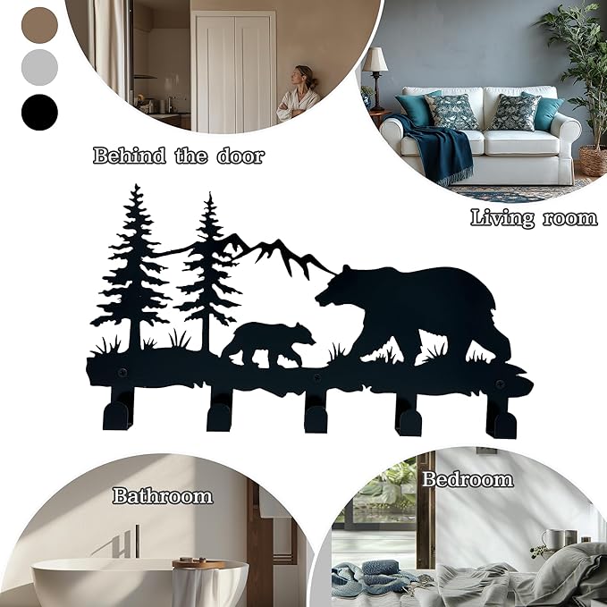ZORISE Metal Bear Coat Hooks - Animal Theme Wall Art Decor and Key Holder, Hangers for Clothes, Hat, and Backpack, Home Storage Decor for Entryway, Hallway, Office, Kitchen, and Living Room