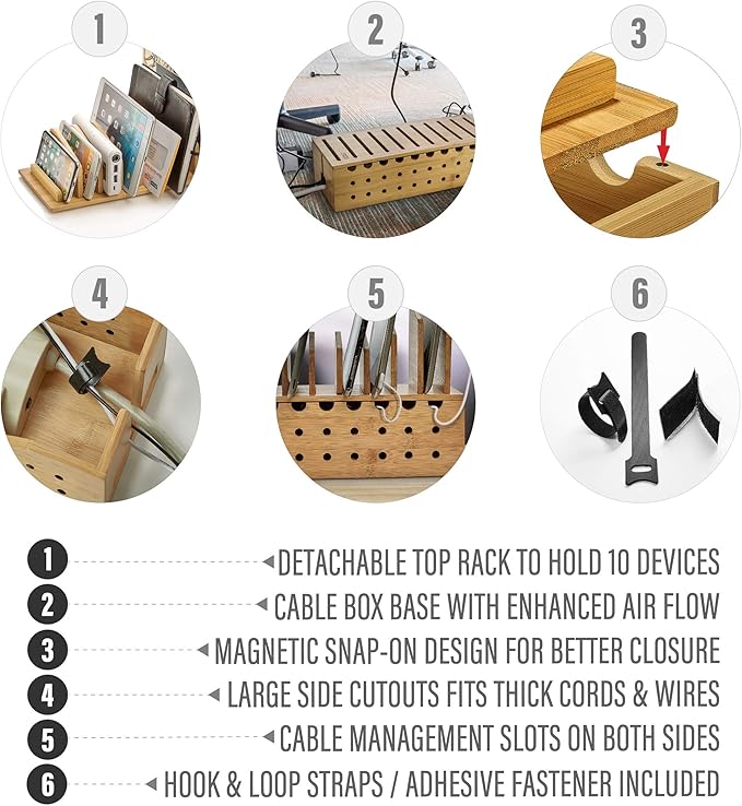 Prosumer's Choice Multi Device Charging Station - Bamboo Charging Dock and Cord Organizer for 10 Devices - Bamboo Desk Organizer Rack with Cable Box for Power Strip Storage, Phones and Tablets