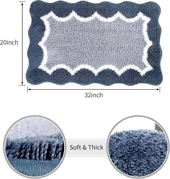 Scalloped Blue Bathroom Rugs Mat,Non Slip Absorbent Quick Dry Bath Mats for Shower Room,Plush Microfiber Bath Mats for Bathroom Floor Washable Carpet for Shower Tub Sink Bedroom,20"x32"