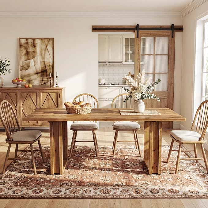 63-Inch Solid Wood Dining Table for 6, Farmhouse Kitchen Table with Heavy Duty Legs, Rectangular Wood Desk for Dining Room, Living Room, Rustic Brown