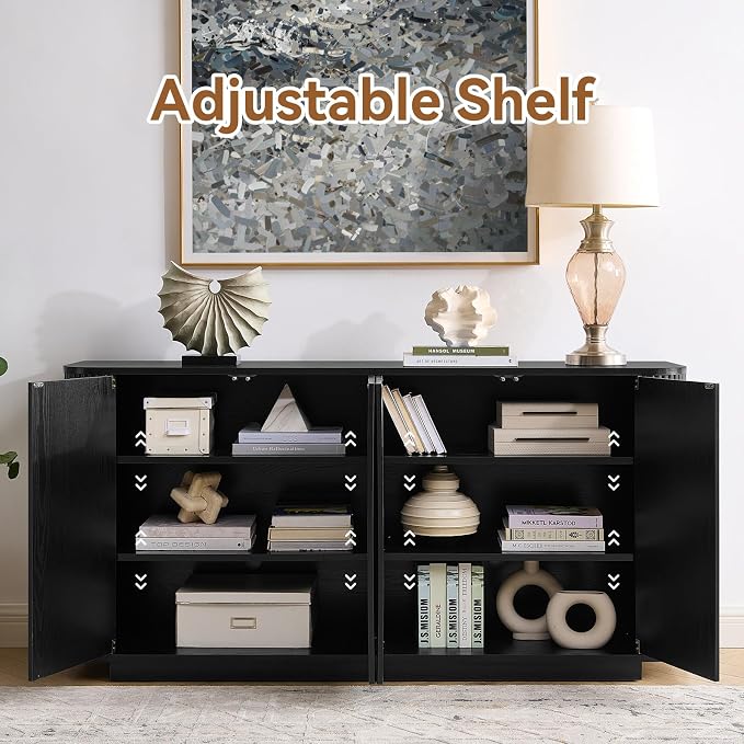 64" Sideboard Buffet Cabinet with Storage, Modern Fluted Accent Credenza with Adjustable Shelves, Wood Media Console Coffee Bar Table for Living Room Kitchen Dining Room, 31.5" H, Black