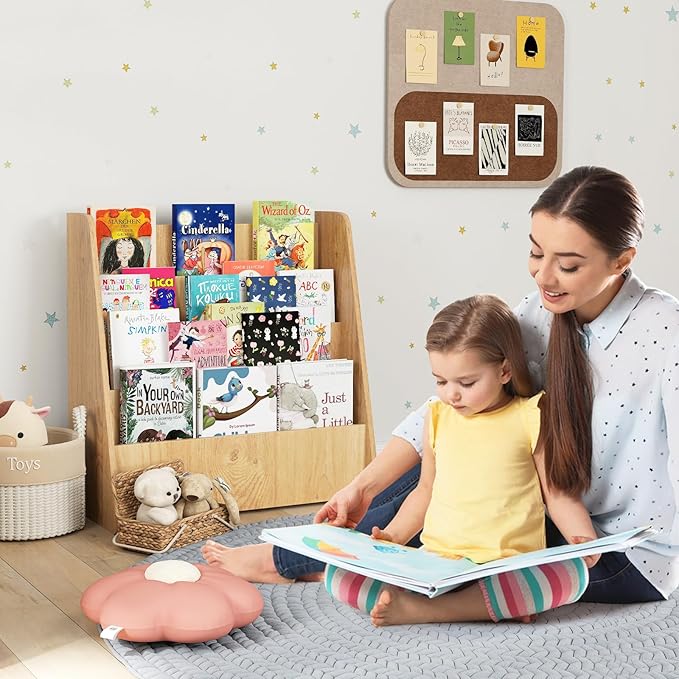 HONEY JOY Kids Bookshelf, 4-Tier Wooden Toddler Bookcase, Children Book Rack & Magazine Display Shelf, Toy Storage Organizer, Book Shelf for Kids Rooms, Playroom, Nursery, Classroom (Natural)